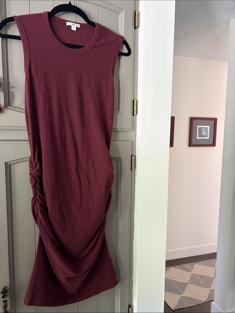 James Perse Standard Crew Neck Sleeveless Ruched Bodycon Midi Dress Sz 3/L